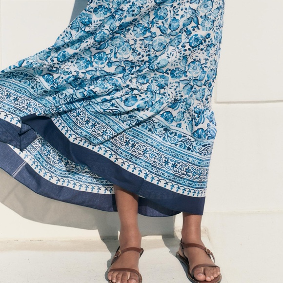 NWT Zara Floral Print Off The Shoulder Dress Blue/White Sz S - Picture 3 of 4